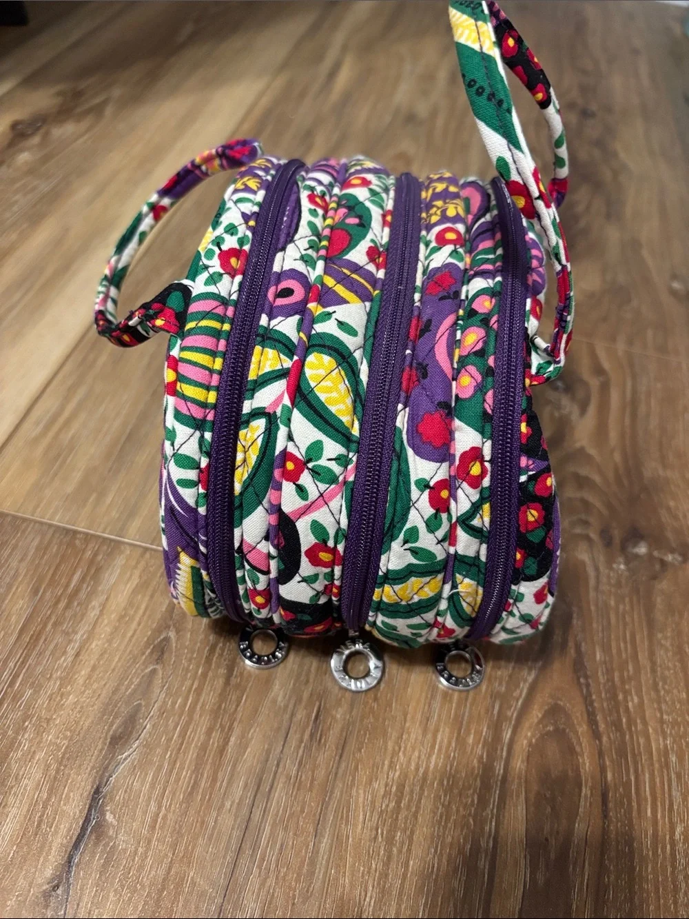Floral Quilted Multi-Zip Cosmetic Bag - Purple & Green